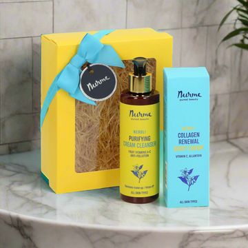 Nurme skincare products including a bottle and boxes on a marble surface.
