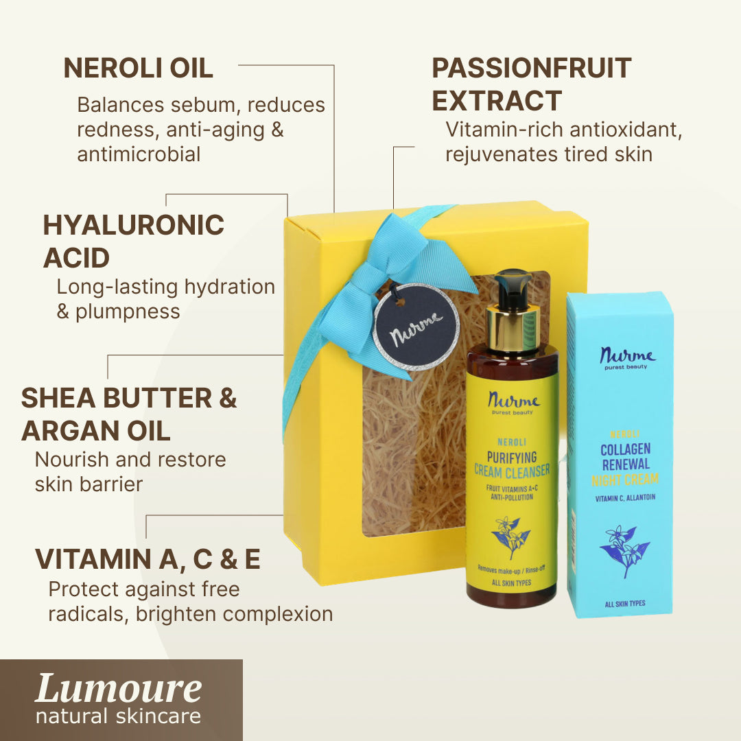 Nurme skincare products including a bottle and boxes on a marble surface.